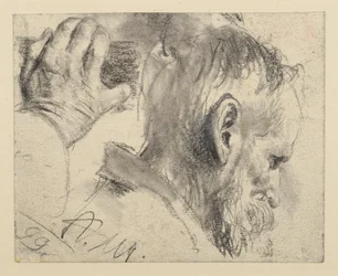 Head of a bearded man, slightly lowered, facing right, and right hand