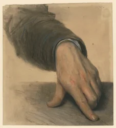 Left Hand with Forearm in Sleeve, Thumb and Index Finger Extended on a Surface