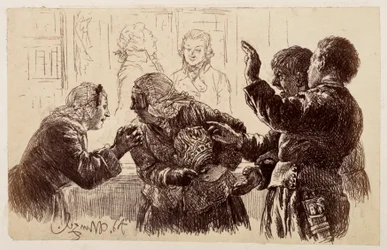 Marthe with the Jug Shards in Her Arm, Stands Between Veit and Ruprecht, and Eve Pleads with the Mother to Refrain, from Heinrich von Kleist