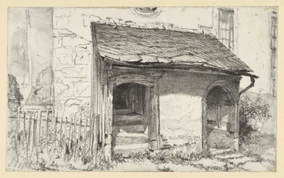 Low Porch of a Church with Two Entrances and Fence