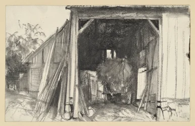 Open Barn with a Cart Loaded with Straw