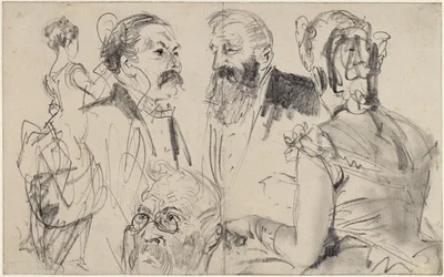 Sketch Sheet with Three Male Heads and Two Female Back Figures of an Elegant Society