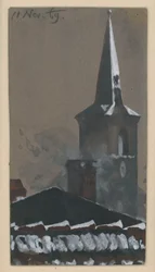 Snow-covered Tiled Roof and Church Tower
