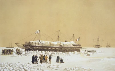 Floating battery La Tonnante in the ice before Kil-Bouroun, from Nos Souvenirs de Kil-Bouroun pendant LHiver passe dans Le Liman du Dnieper, 1855-56, engraved by Eugene Ciceri