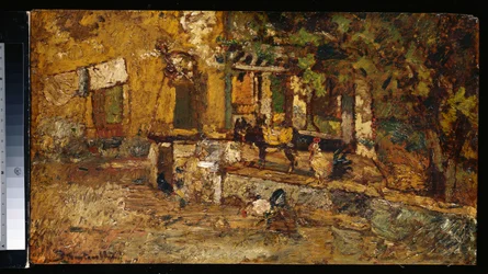 Farmyard with a Donkey and Cockerels