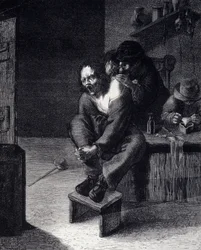 The surgical operation. Engraving after a painting by Adrien Brauwer. 17th century