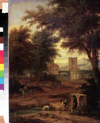 Italian landscape with pilgrims. Painting by Adriaen Frans Boudewijns. Pushkin Museum, Moscow