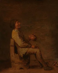 Man Seated Holding a Pipe and a Jug in an Interior