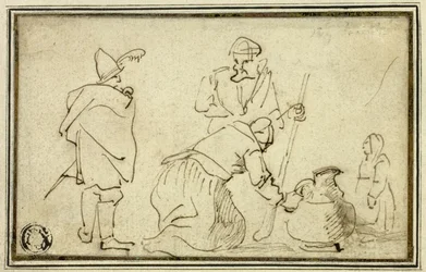 Two Soldiers, Woman with Jug and Child