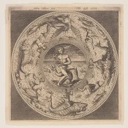 Arion on a Dolphin surrounded by a Border decorated with Sea Creatures, from a Set of Designs for Plates