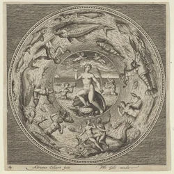 Design for a Plate with Galatea on a Shell Flanked by Trumpeters in a Medallion Border