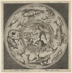 Design for a Plate with Neptune in a Shell Drawn by Horses in a Medallion Bordered by..., c. 1600