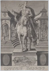 Equestrian statue of Julius Caesar, seen from the front, with a scene, ca. 1587-89