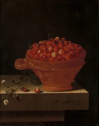 A Bowl of Strawberries on a Stone Plinth