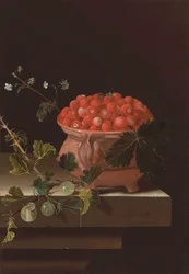 Still Life with Pot of Strawberries and Sprig of Gooseberries