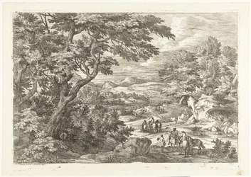 Landscape with hunters on their way home, a castle in the distance