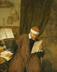 A Lawyer Seated at a Desk Reading a Letter, a Library Beyond, 1668