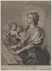 Saint Cecilia playing the organ with two putti at left, ca. 1654-77.