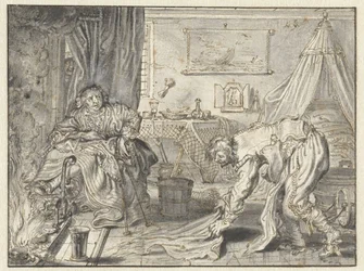 Man Cleaning the Floor while his Wife Sits by the Hearth