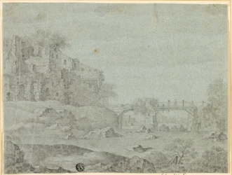 Ruins Overlooking River with Bridge