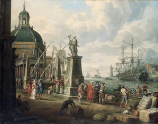 A Capriccio of a Mediterranean Harbour with Merchants, an Elegant Couple on the Quayside, Before a Statue of Hope and a Baroque Church, a Lighthouse, a Dutch Man-o-war, and Other Shipping Beyond