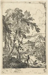 Mountainous Landscape with Trees and Man with Dog