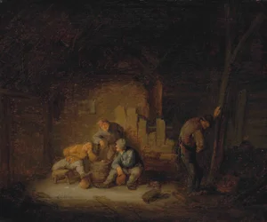 Peasants Sitting and Drinking in a Barn with a Dog