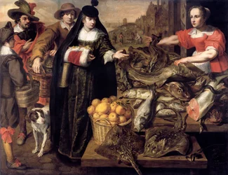 A lady at the fish market in Antwerp, 1630-1640