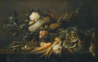 Still Life of Artichoke, Asparagus, Green Cabbage, Onions, Beans, Carrots and Other Vegetables, All Upon a Wooden Bench