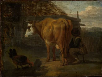 Brown Cow Milked by a Herdsman