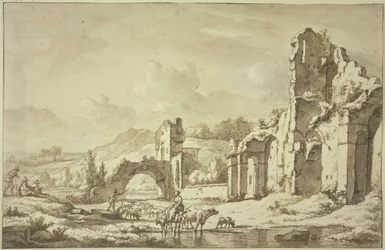 Landscape with Roman Ruins, in the Foreground a Shepherdess Rides through the Water with the Herd, at Left Two Painters