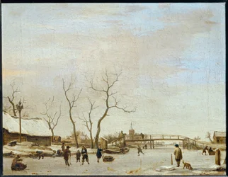 Frozen River with Skaters and Hockey Players