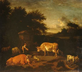 Shepherdess and a Drover with their Flocks by a Classical Fountain in a Wooded Landscape