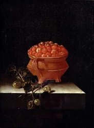 Strawberries and Gooseberries on a Stone Ledge