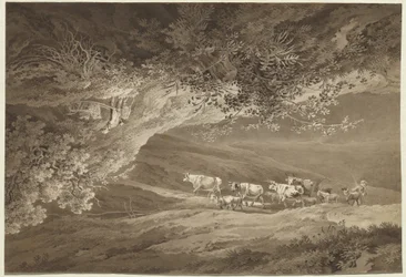 A Landscape with a Herd of Cows and Goats, Surmounted by Another Landscape, Upside-down, with a Man Pushing a Wheelbarrow
