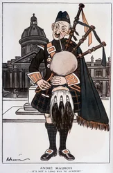 Cartoon in Academician by André Maurois (pseudonym of Emile Herzog), French novelist, essayist and historian (1885-1967) - by Barrère, in Fantasio of 15/04/1929