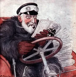 Portrait of King Edward VII of England driving his car (drawing by A. Barrère)