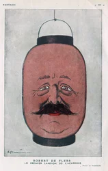 Robert Pelleve de La Motte-Ango, Marquis de Flers, French playwright (1872-1927). (The first lantern of the academy). Cartoon by Barrere in 