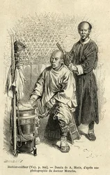 A barber in full work, a bench and cylindrical wooden box with compartments and a bowl make up his travelling equipment. Engraving after A.Marie