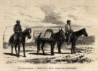 Photographers of the American geological mission, on horseback, carefully packaged material ready for a new stage, engraving after the drawing of A. Marie, illustrating a set of geographic missions through the United States National Park, from 1870 to 1872