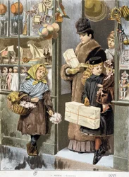 Poor girl selling small bouquets at the exit of a toy store where rich people come out (shopping for Christmas?) - drawing by Adrien Marie