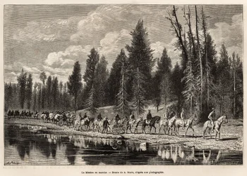 The entire geographical mission en route to Mount Hayden along the Henri River, engraved after a drawing by A. Marie, illustrating a series of geographical missions through the United States National Park from 1870 to 1872 by Messrs Hayden, Doane and