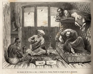 The interior of an East Indian Railway railway bed wagon