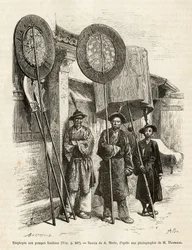Three funeral workers in Pekin (engraving after A. Marie
