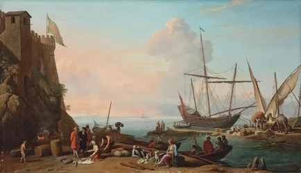A Mediterranean Harbour with Stevedores Unloading Their Ships, Figures Selling Fish in the Foreground by a Fortress