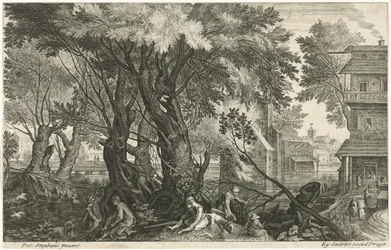 Resting Hunters by a Group of Trees (Eight Landscapes from Bohemia)