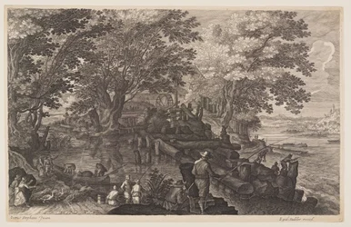 Scene One: Watermill on an Island in a River with Men Fishing, from Eight Scenes from Bohemia