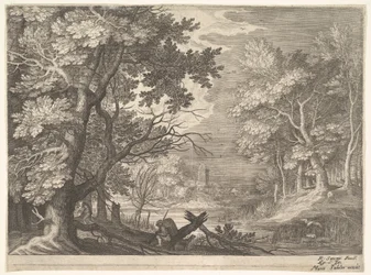 Woodland Scene with Marshy Banks, Two Men and a Dog in Profile at Left, Two Long-necked Birds