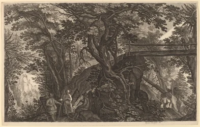 Forest Landscape with Two Men and a Woman Resting near a Bridge