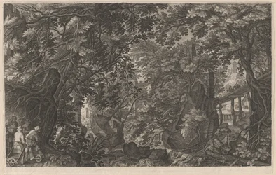Hunters in a Forest near a Wooden Bridge